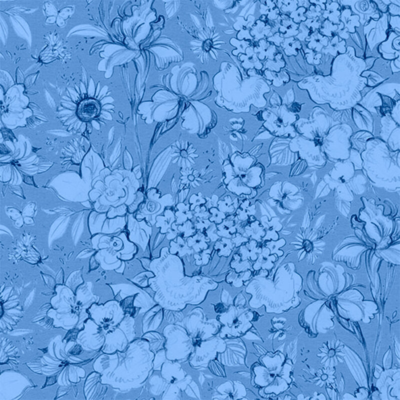 Blue floral pattern featuring various flowers and butterflies in a hand drawn style.
