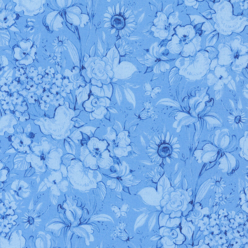 Blue floral pattern featuring various flowers and butterflies in a hand drawn style.