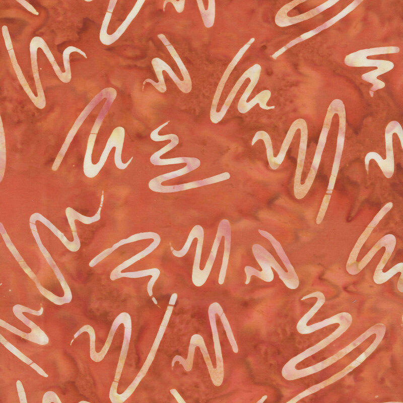 A vibrant red background with abstract, creamy-white, wavy lines and shapes scattered throughout.
