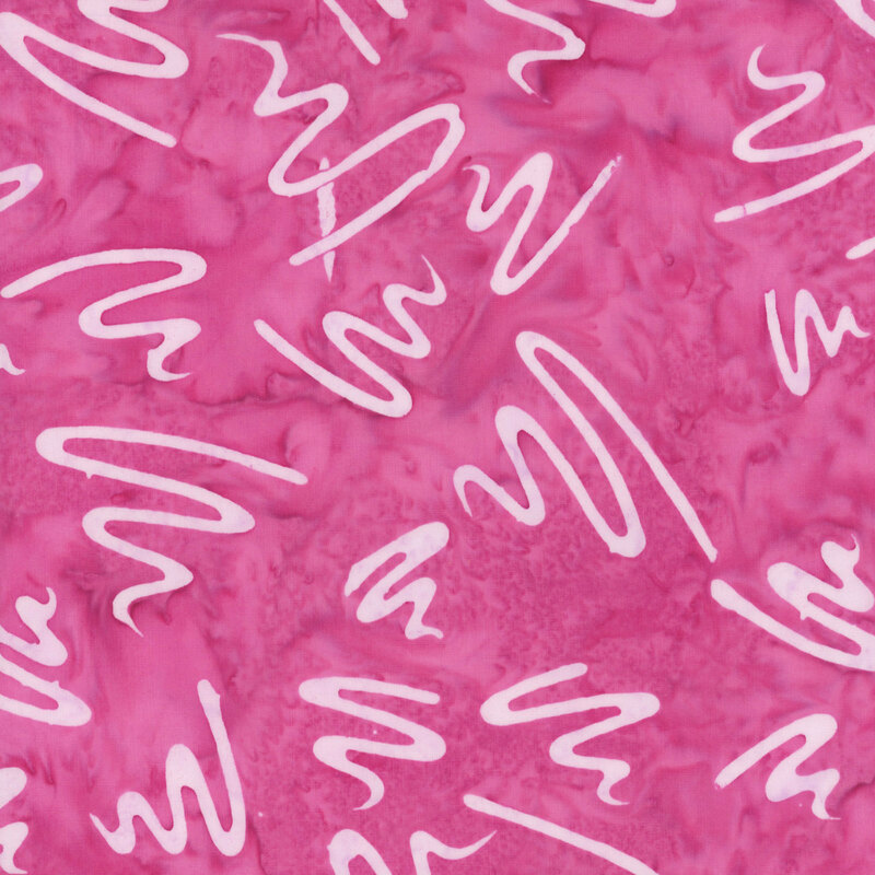 Abstract pink fabric with white squiggly lines and shapes in a scattered pattern.
