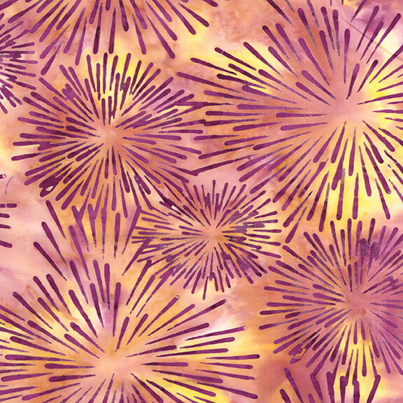Abstract pattern of starburst shapes in shades of purple and yellow on a textured background.