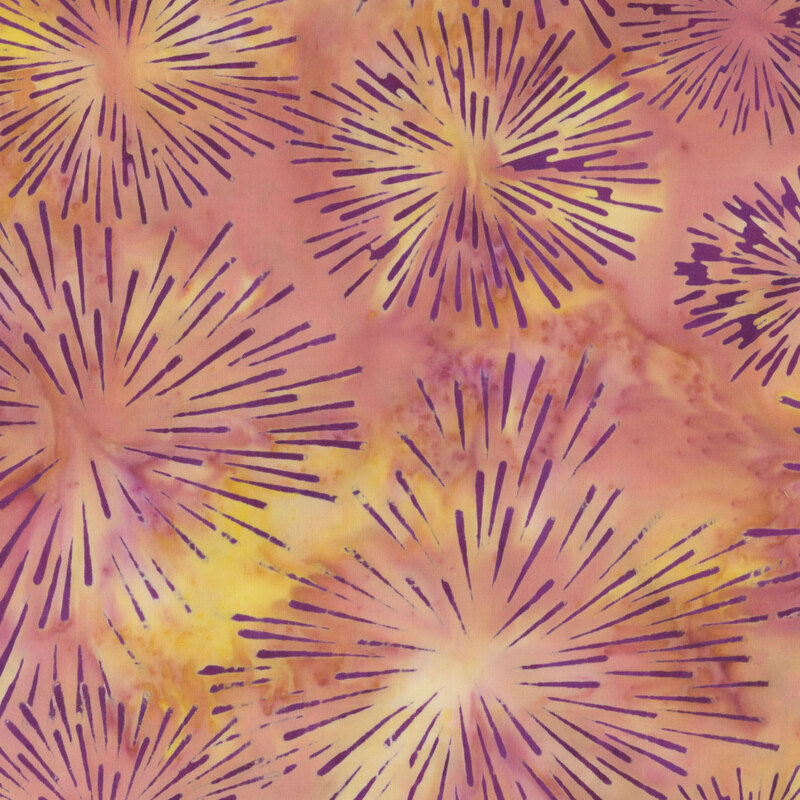 Abstract pattern of starburst shapes in shades of purple and yellow on a textured background.