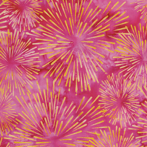 A vibrant pink fabric featuring yellow starburst patterns in various sizes.