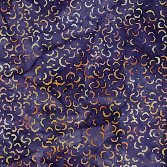 A textured purple background with a scattered pattern of colorful curved shapes in various sizes.