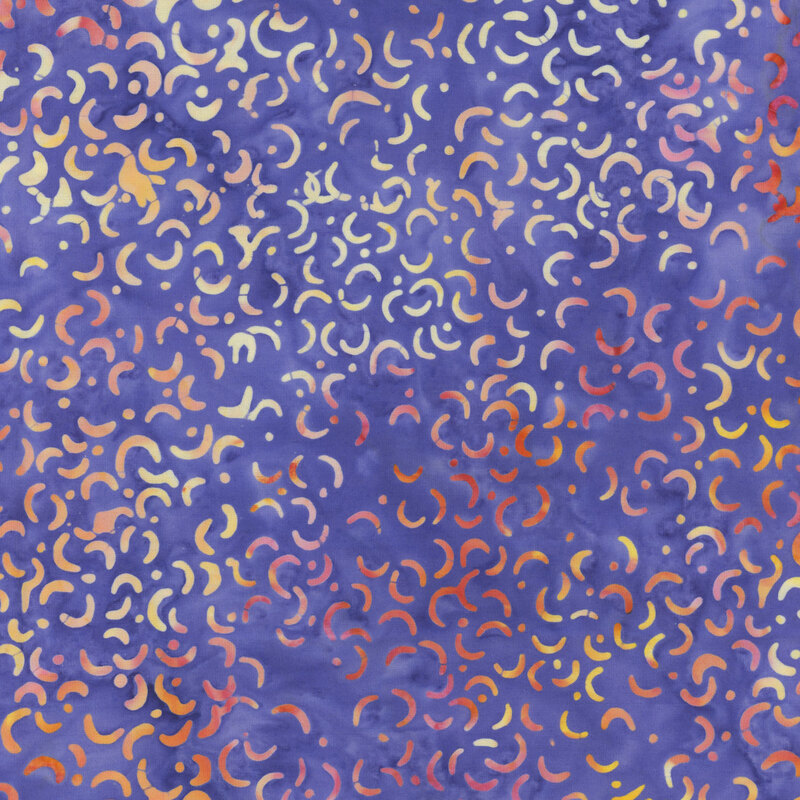 A textured purple background with a scattered pattern of colorful curved shapes in various sizes.