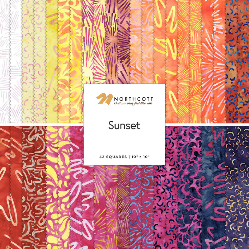 A collection of fabric swatches in sunset colors, featuring various patterns and textures.