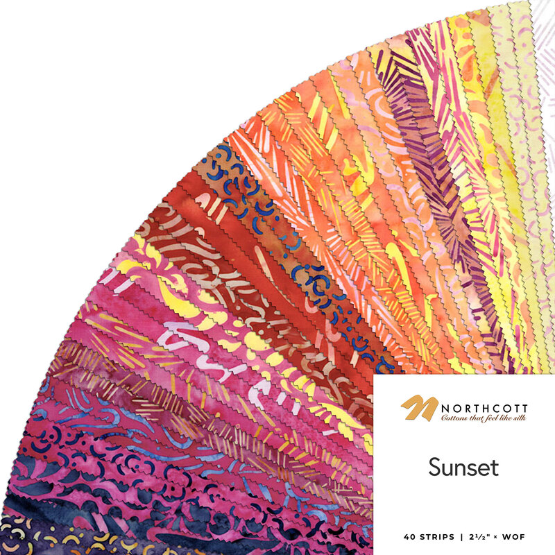 A fan of fabric squares in warm sunset colors, labeled Sunset by Northcott, featuring various patterns.