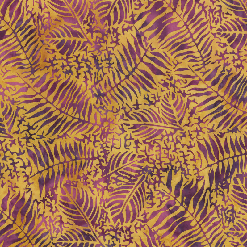 Abstract pattern of delicate ferns in earthy tones with purple accents on a warm background.