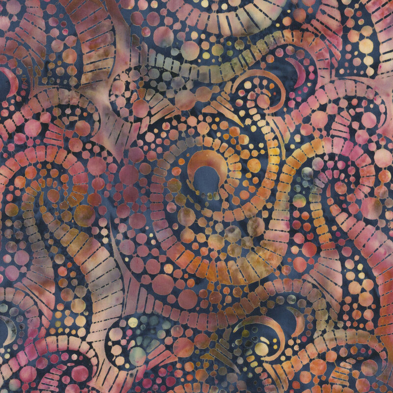 Abstract pattern featuring swirling shapes and circles in vibrant colors of blue, pink, and gold.