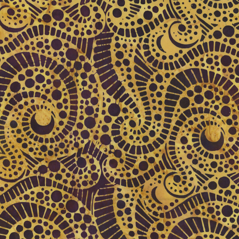 Abstract pattern featuring swirling lines and circles in shades of gold, black, and deep purple.