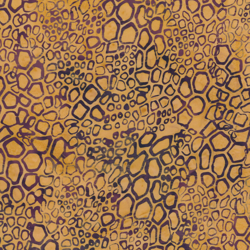 Abstract animal print with irregular orange and brown shapes outlined in black and purple.