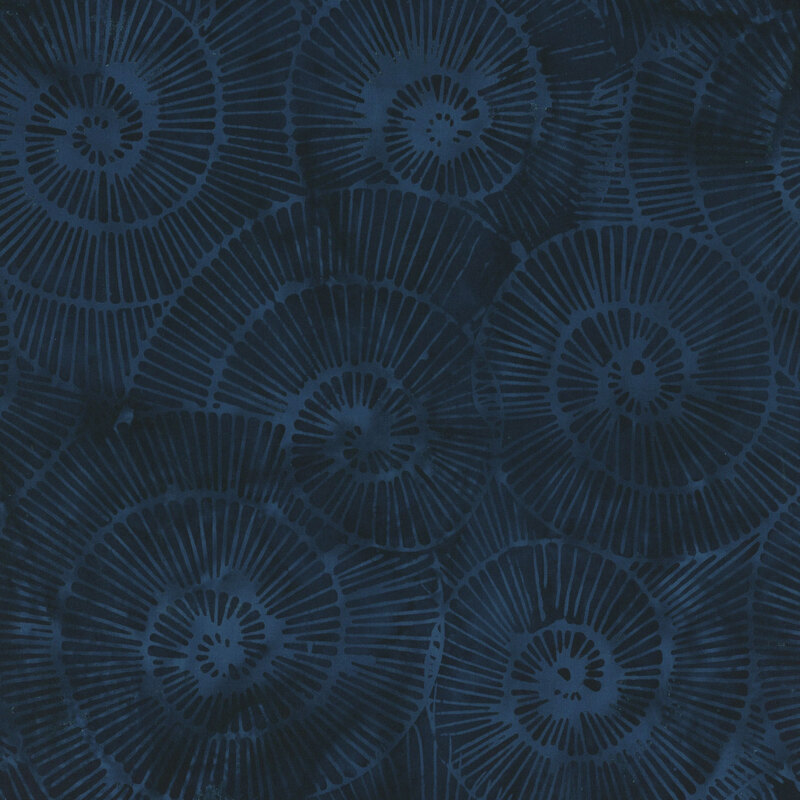 Dark blue background featuring a pattern of overlapping ammonite fossil shapes.