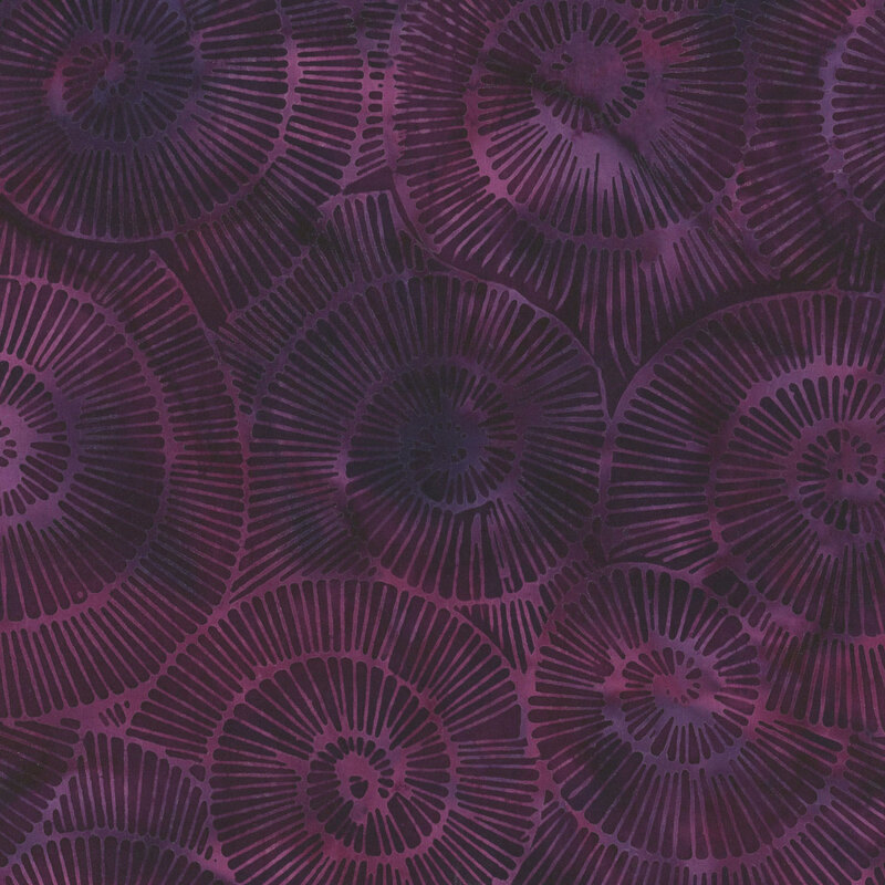 Abstract fabric pattern featuring dark purple spirals with radiating lines.