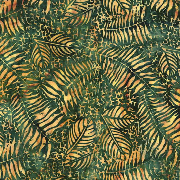 A dense pattern of gold leaves and ferns on a green background.