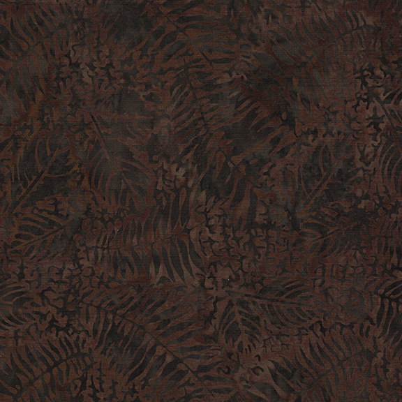 A fabric featuring dark, overlapping fern leaves in shades of brown and muted tones.