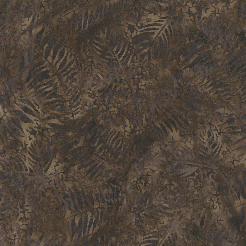 A fabric featuring dark, overlapping fern leaves in shades of brown and muted tones.