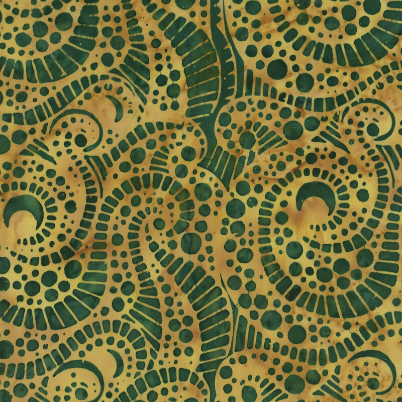 Abstract pattern of swirling shapes and circles in gold and green hues.