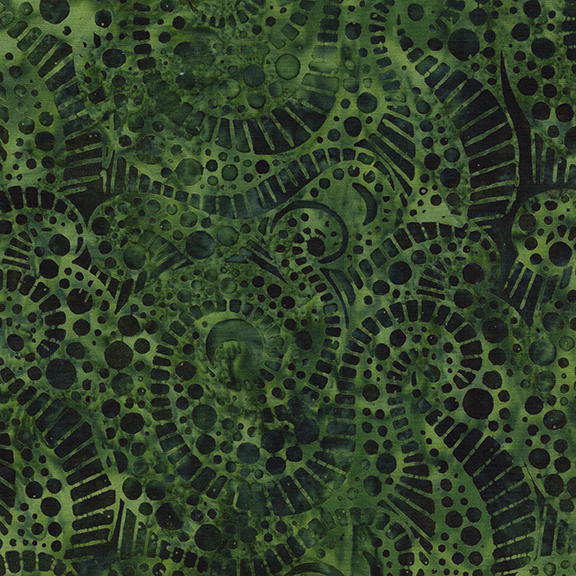 Abstract green fabric pattern featuring spirals, dots, and lines in varying shades of green.
