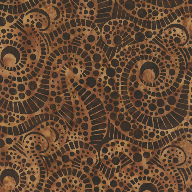 Abstract brown fabric pattern with swirling lines and varying circular shapes in dark tones.