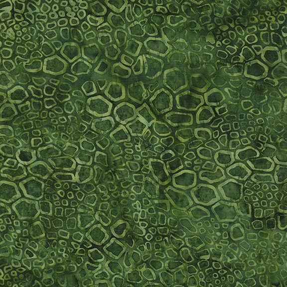 Abstract green fabric featuring various hexagonal and circular patterns resembling a reptile skin.