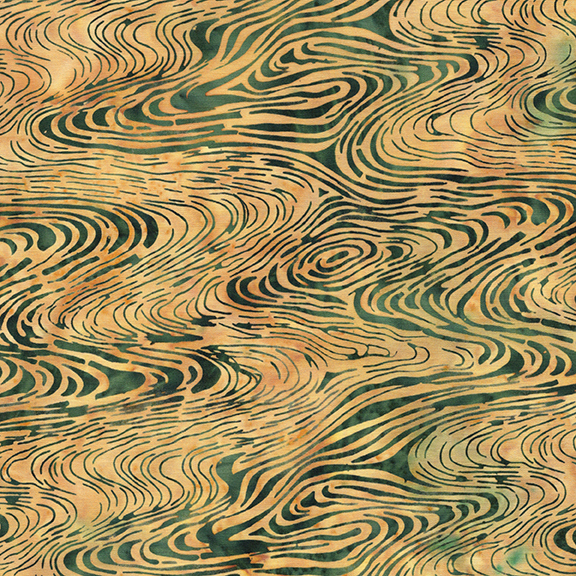 Abstract wavy pattern in earth tones with dark line accents on a textured beige fabric.
