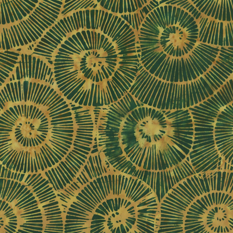 A pattern featuring overlapping spiral shapes with dark lines on a warm, earthy fabric.