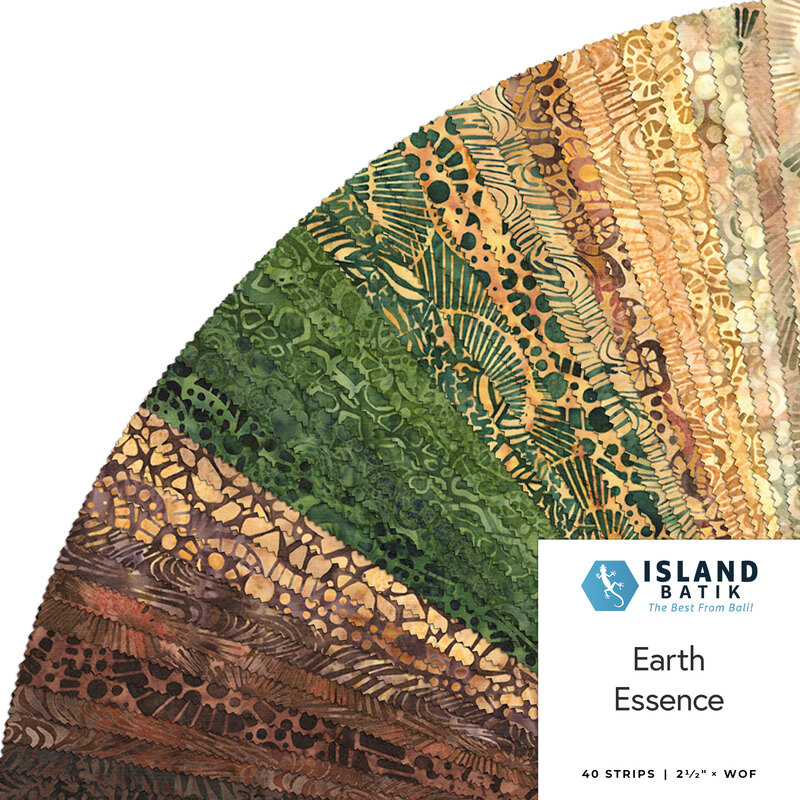 A colorful display of batik fabric strips in earthy tones, labeled Earth Essence by Island Batik.