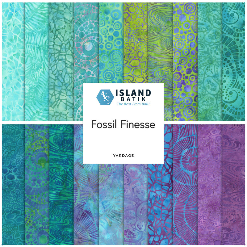 Colorful fabric swatches in shades of blue, green, and purple, featuring various batik patterns.