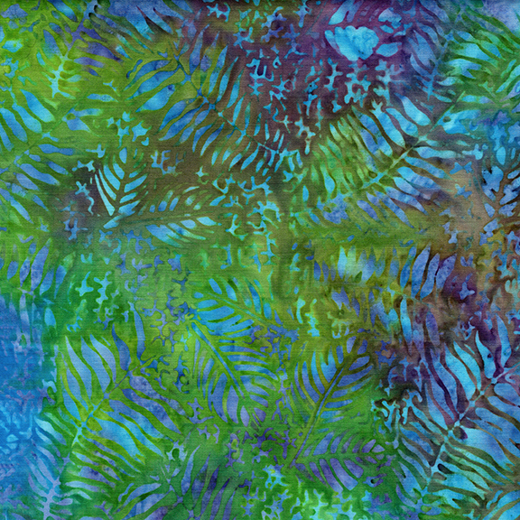 Fabric design featuring vibrant green and blue botanical patterns with fern motifs.