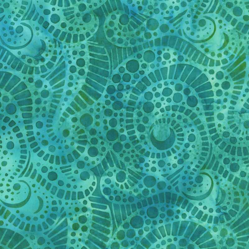 Swirling pattern of green and blue shapes, featuring dots and curved lines on a textured background.
