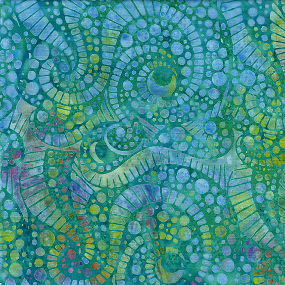 Abstract pattern featuring colorful spirals and dots in shades of teal, green, and blue.