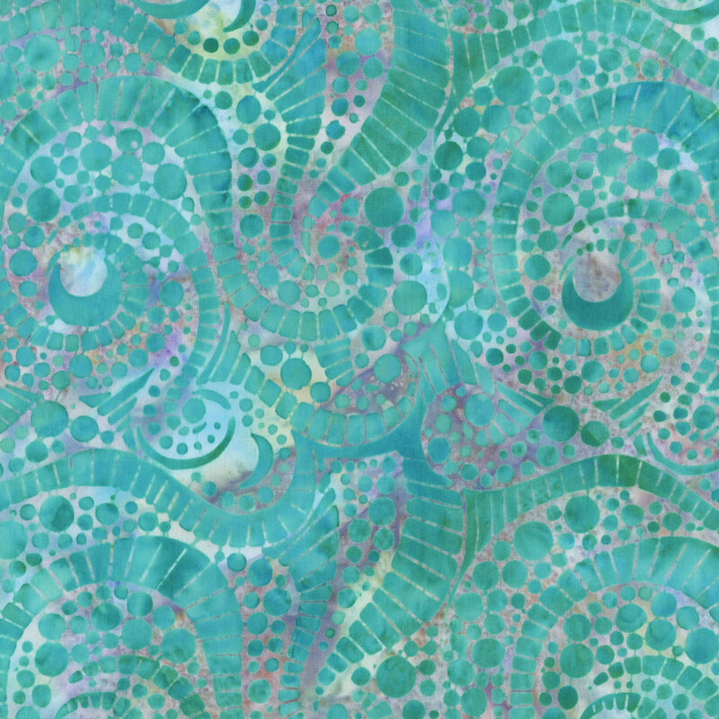 Abstract pattern featuring colorful spirals and dots in shades of teal, green, and blue.