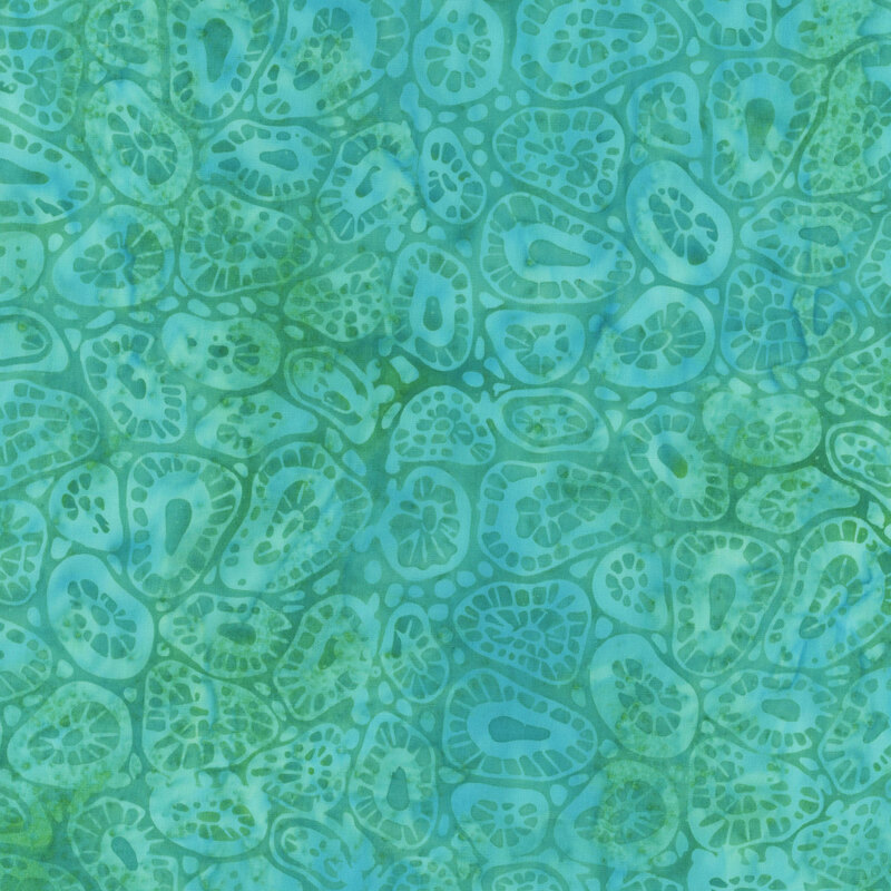 Abstract green pattern with varied shapes and textures, resembling organic forms or foliage.