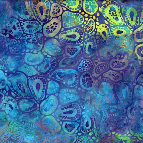 Abstract multicolored pattern in shades of blue and purple, featuring organic shapes and textures.
