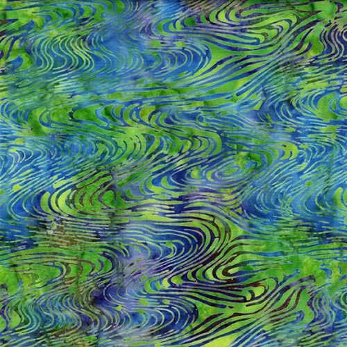Abstract design featuring flowing green and blue swirls with dark outlines on a textured background.