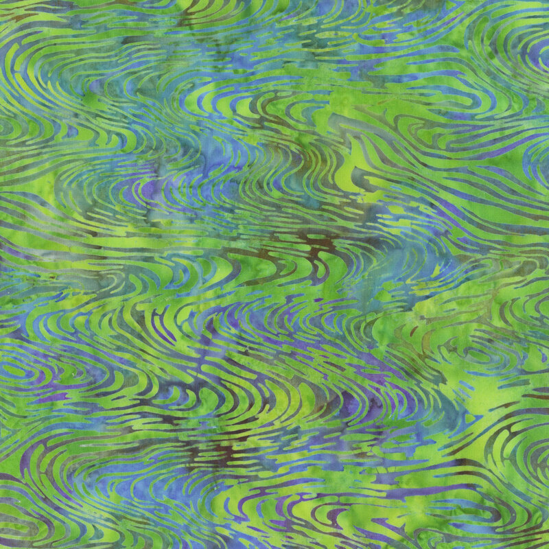 Abstract design featuring flowing green and blue swirls with dark outlines on a textured background.
