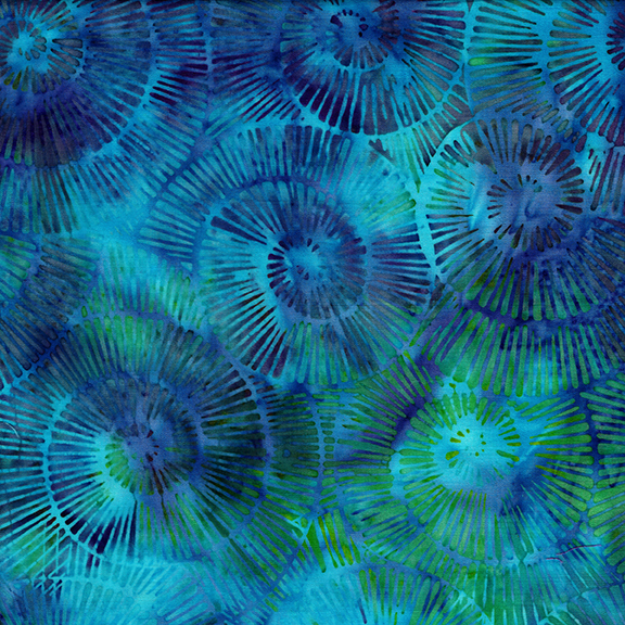 Abstract pattern of spiraling forms in shades of blue and green with a textured appearance.
