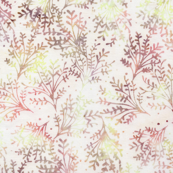 White batik with a mottled pink, wine red, and seafoam green sprig and leaf design.
