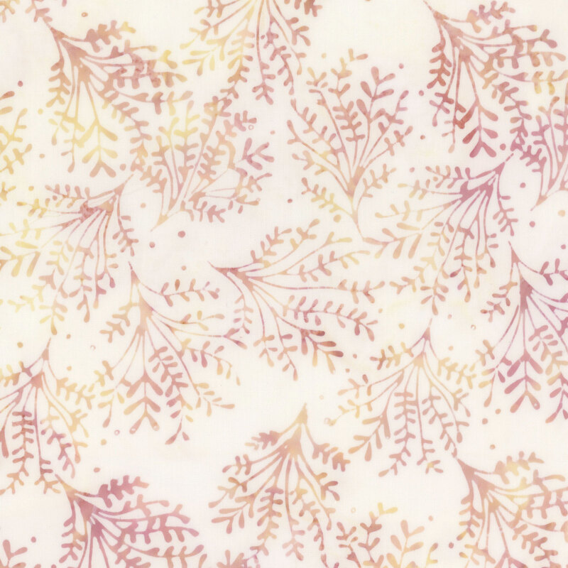 White batik with a mottled peach and yellow sprig and leaf design.