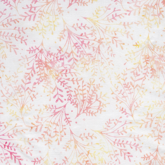 White batik with a mottled pink and yellow sprig and leaf design.