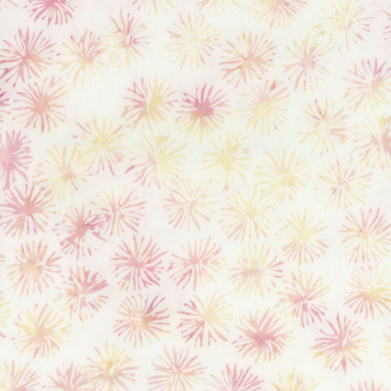 White batik with a mottled pink and yellow dandelion design.