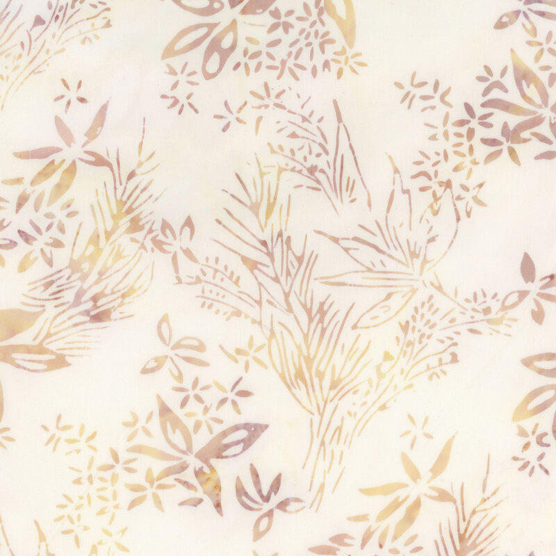 White batik with a mottled purple and yellow wildflower design.