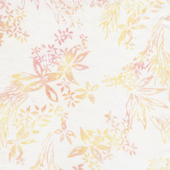 White batik with a mottled pink and yellow wildflower design.