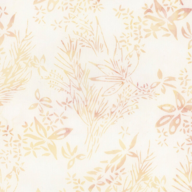 White batik with a mottled pink and yellow wildflower design.