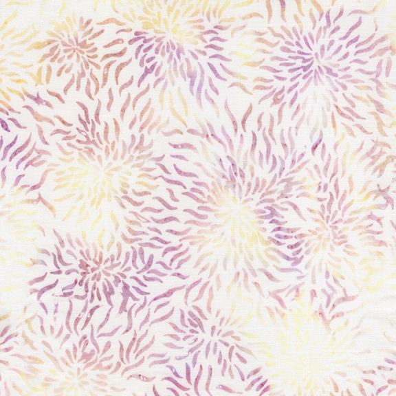 White batik with a mottled purple and yellow starburst pattern.