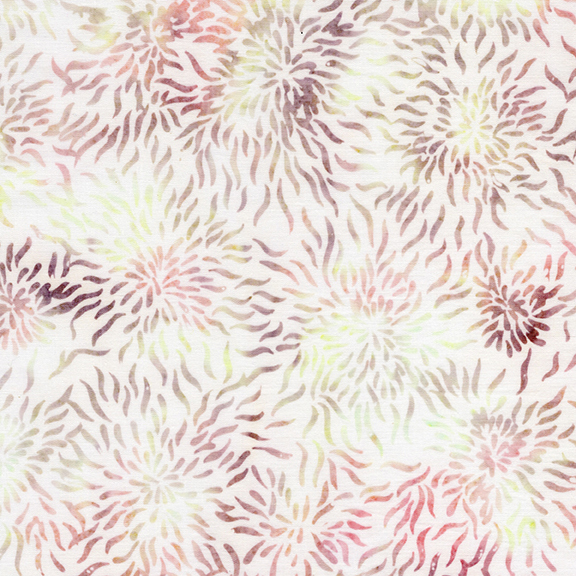 White batik with a mottled pink, wine red, and seafoam green starburst pattern.