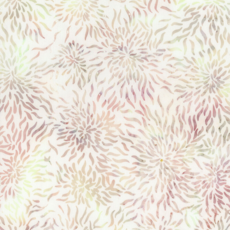 White batik with a mottled pink, wine red, and seafoam green starburst pattern.