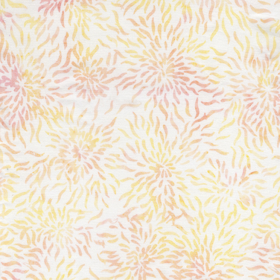 White batik with a mottled peach and yellow starburst pattern.