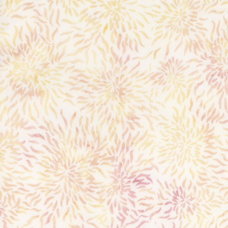 White batik with a mottled peach and yellow starburst pattern.