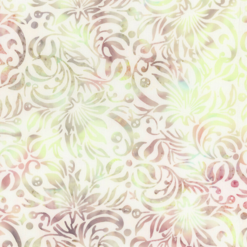 White batik with a mottled pink, wine red, and seafoam lotus design.